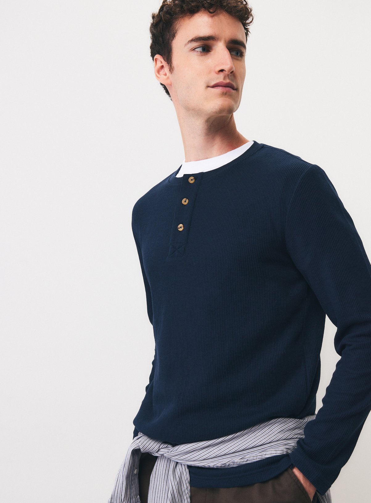 Navy Long-Sleeved Grandad Collar Top XXXL
