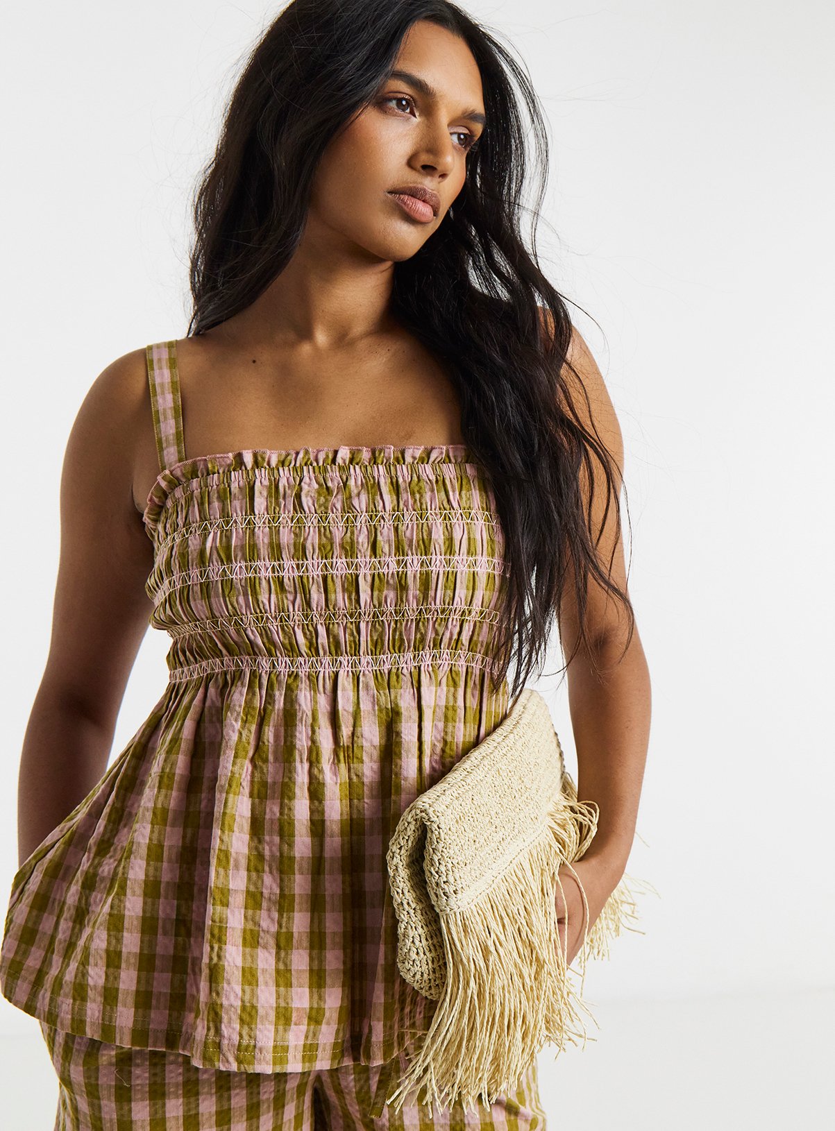SIMPLY BE Brown & Pink Gingham Shirred Detail Cami Top 