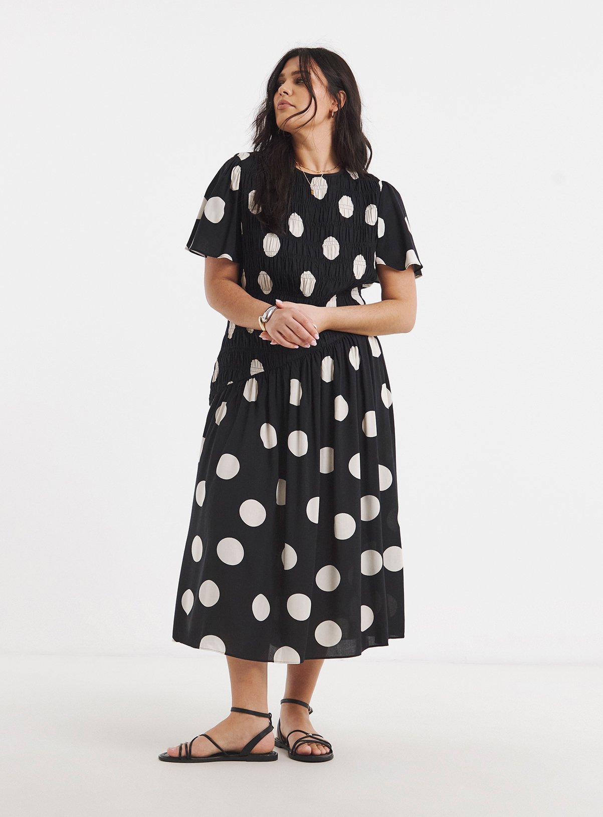 SIMPLY BE  Viscose Shirred Spot Print Midi Dress 22