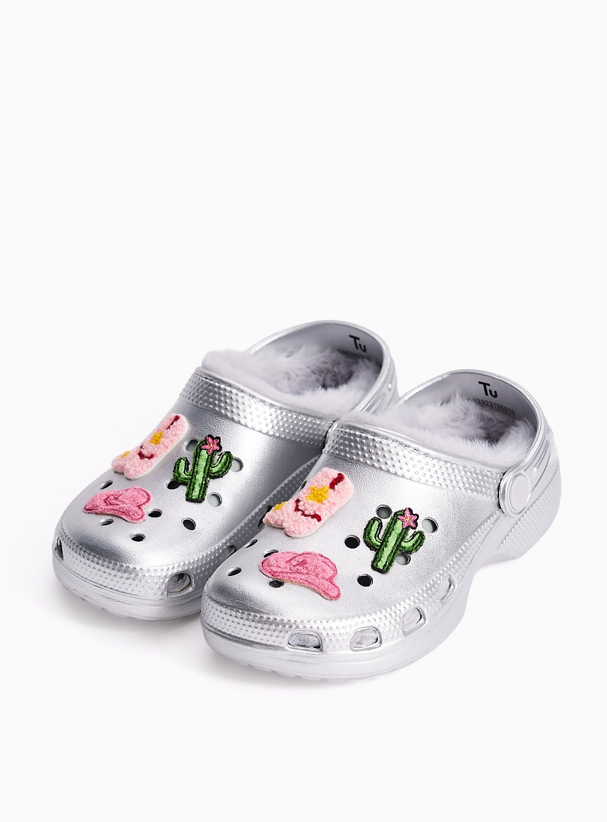 Silver Disco Cowboy & Cactus Lined Clogs 