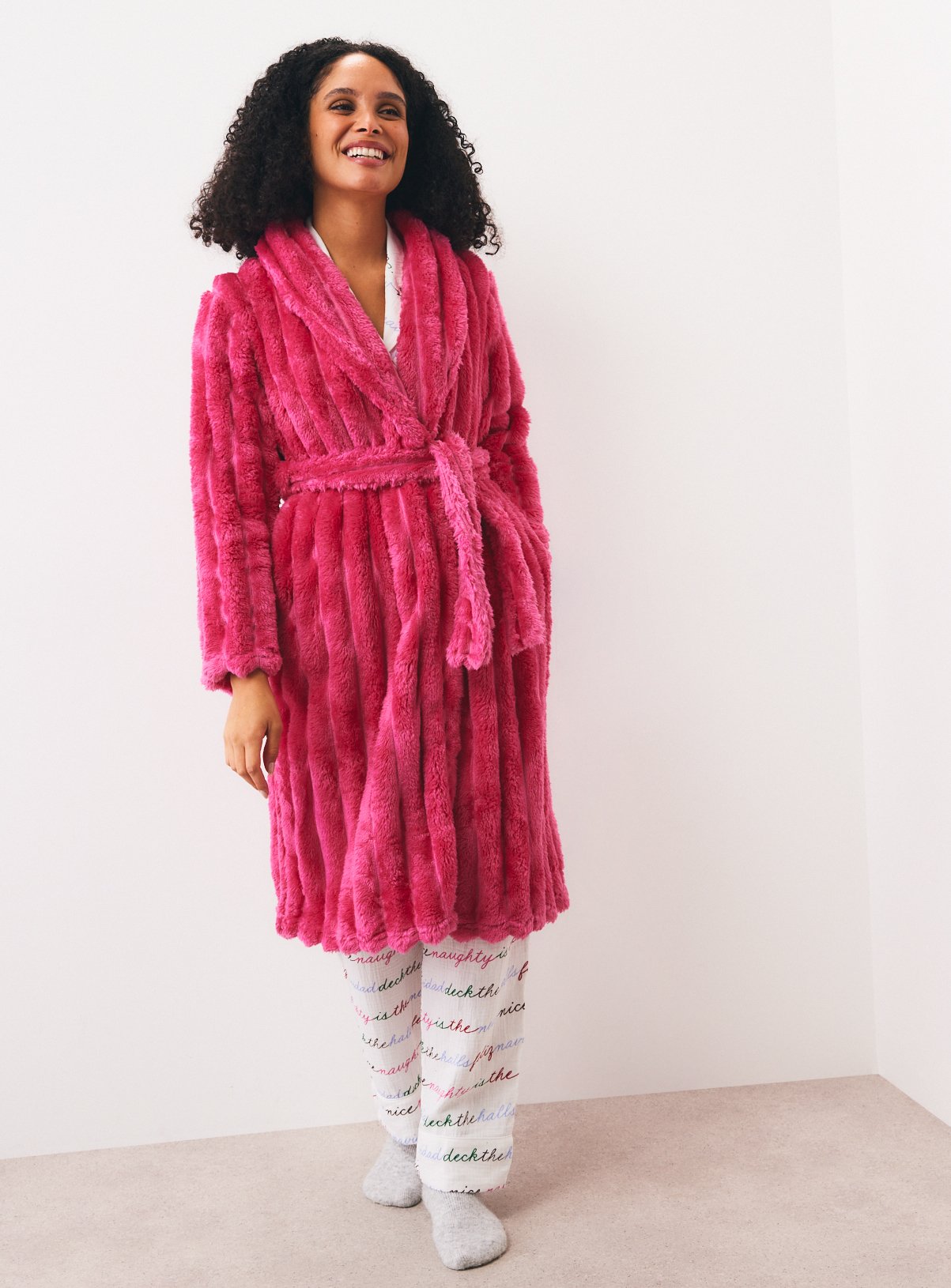 Bright Pink Textured Fluffy Dressing Gown 