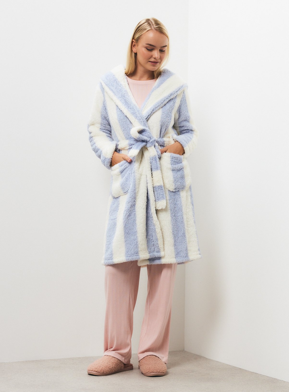 Blue & White Striped Hooded Dressing Gown XL
