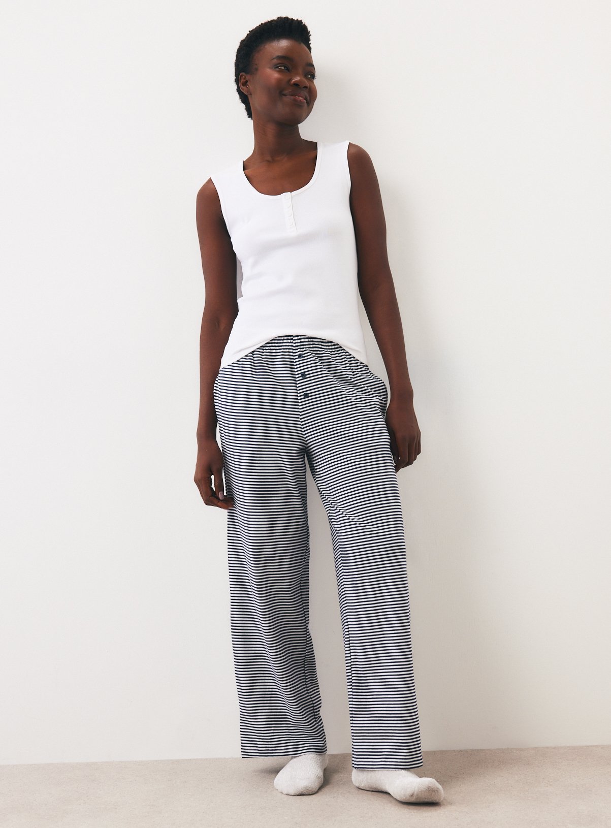 Navy Breton Stripe Wide Leg Jersey Bottoms 