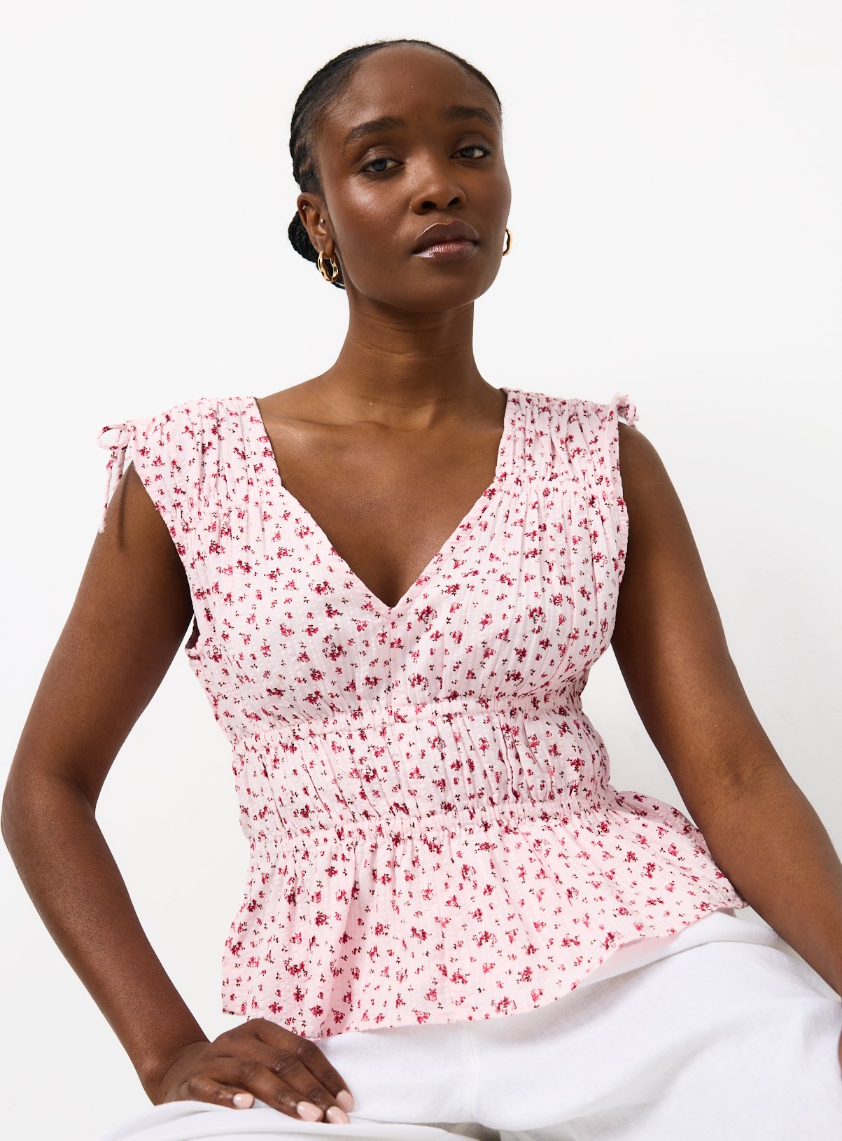 Seersucker Sleeveless Shirred Top 