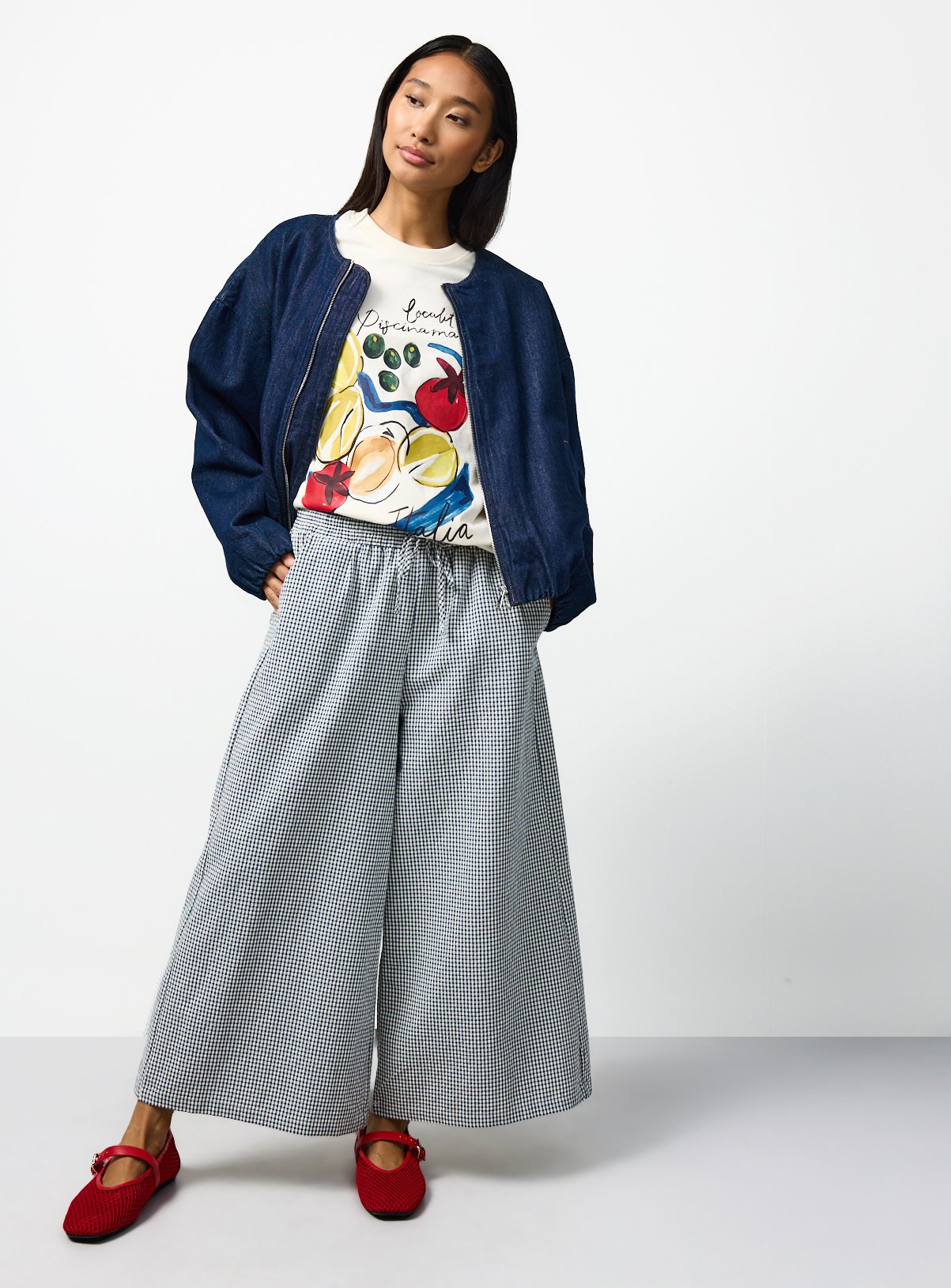 Gingham Cropped Wide Leg Trousers 
