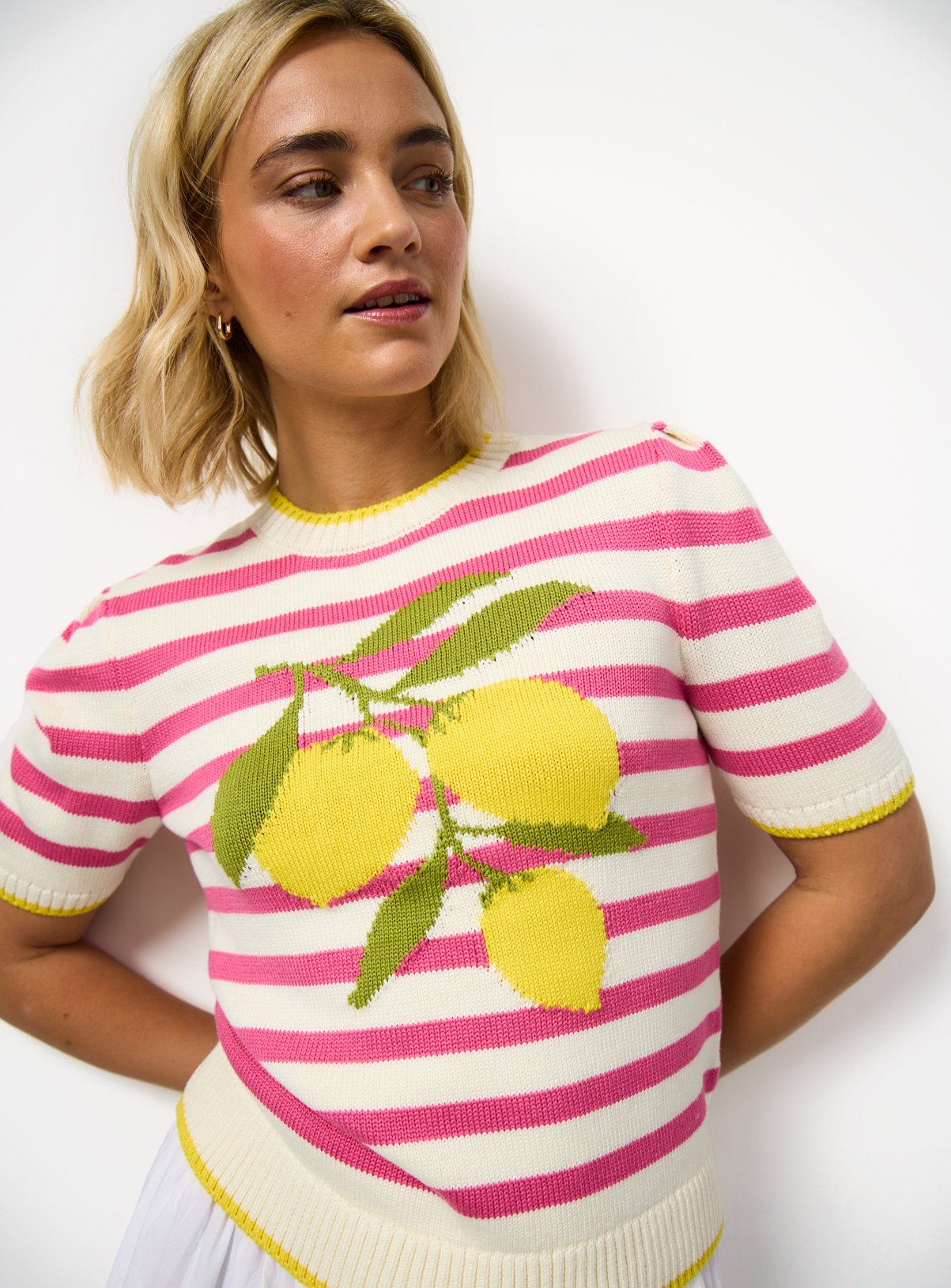 Cream Stripe Lemon Print Knitted T-Shirt 