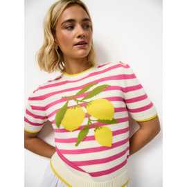 Cream Stripe Lemon Print Knitted T-Shirt