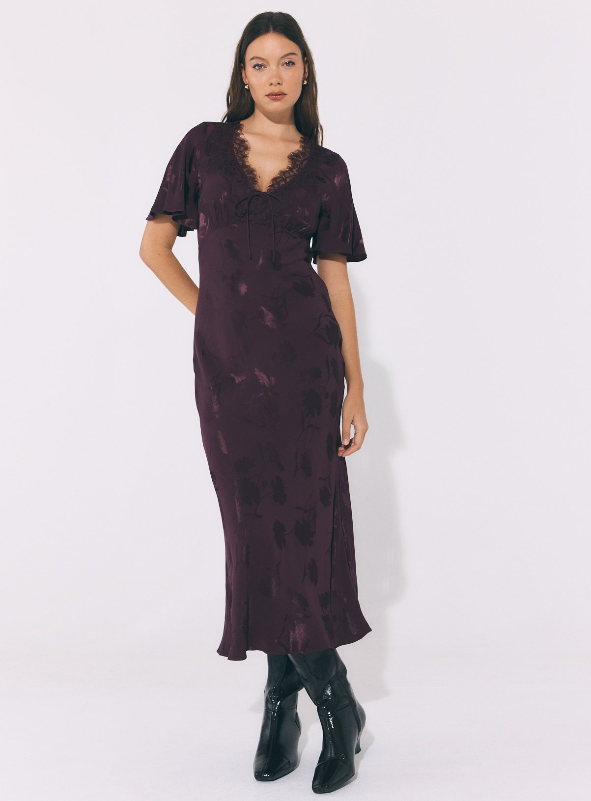 Burgundy Fluted Sleeve Jacquard Tea Dress 14