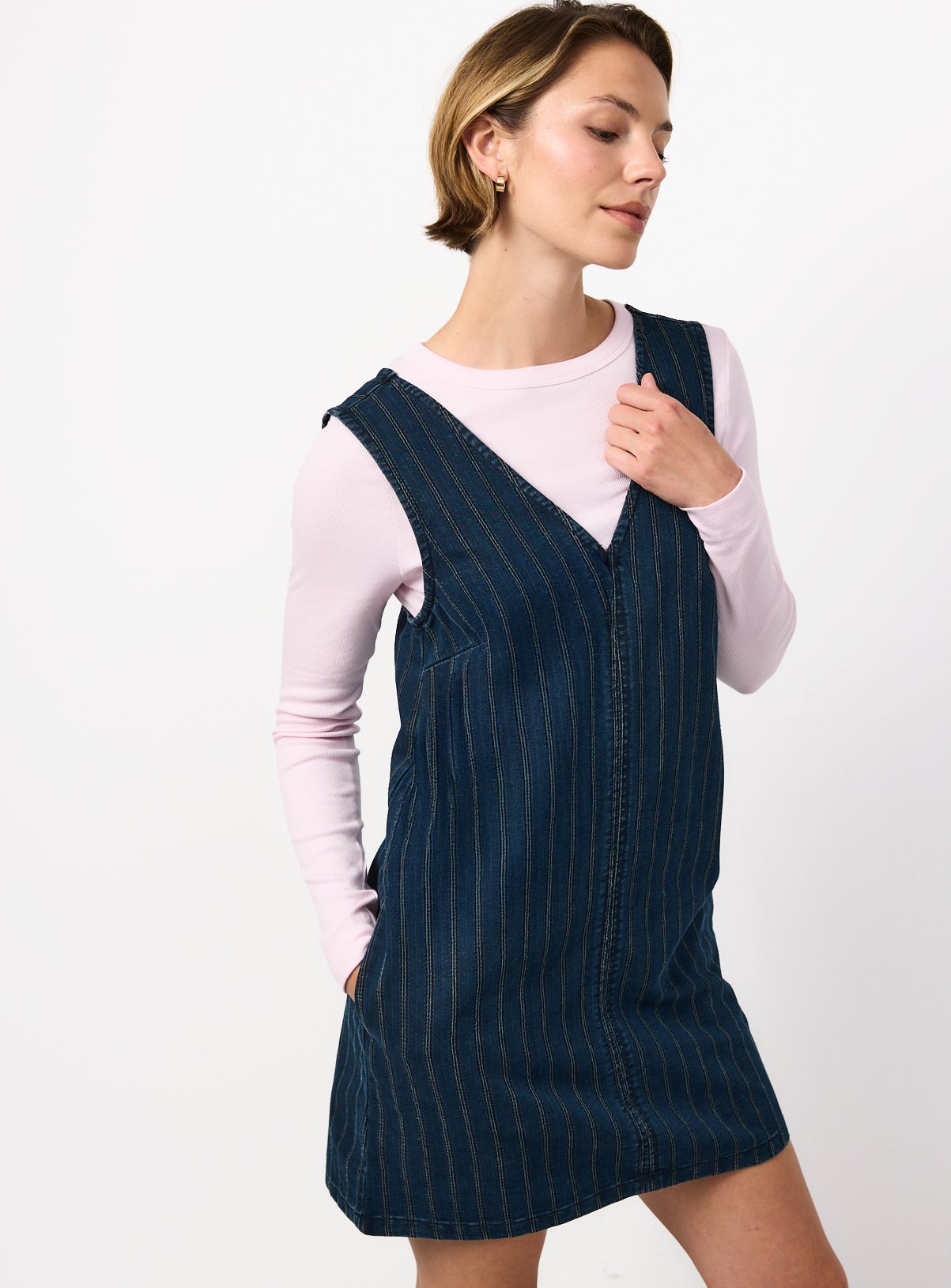 Textured Denim Stripe Sleeveless Mini Dress 