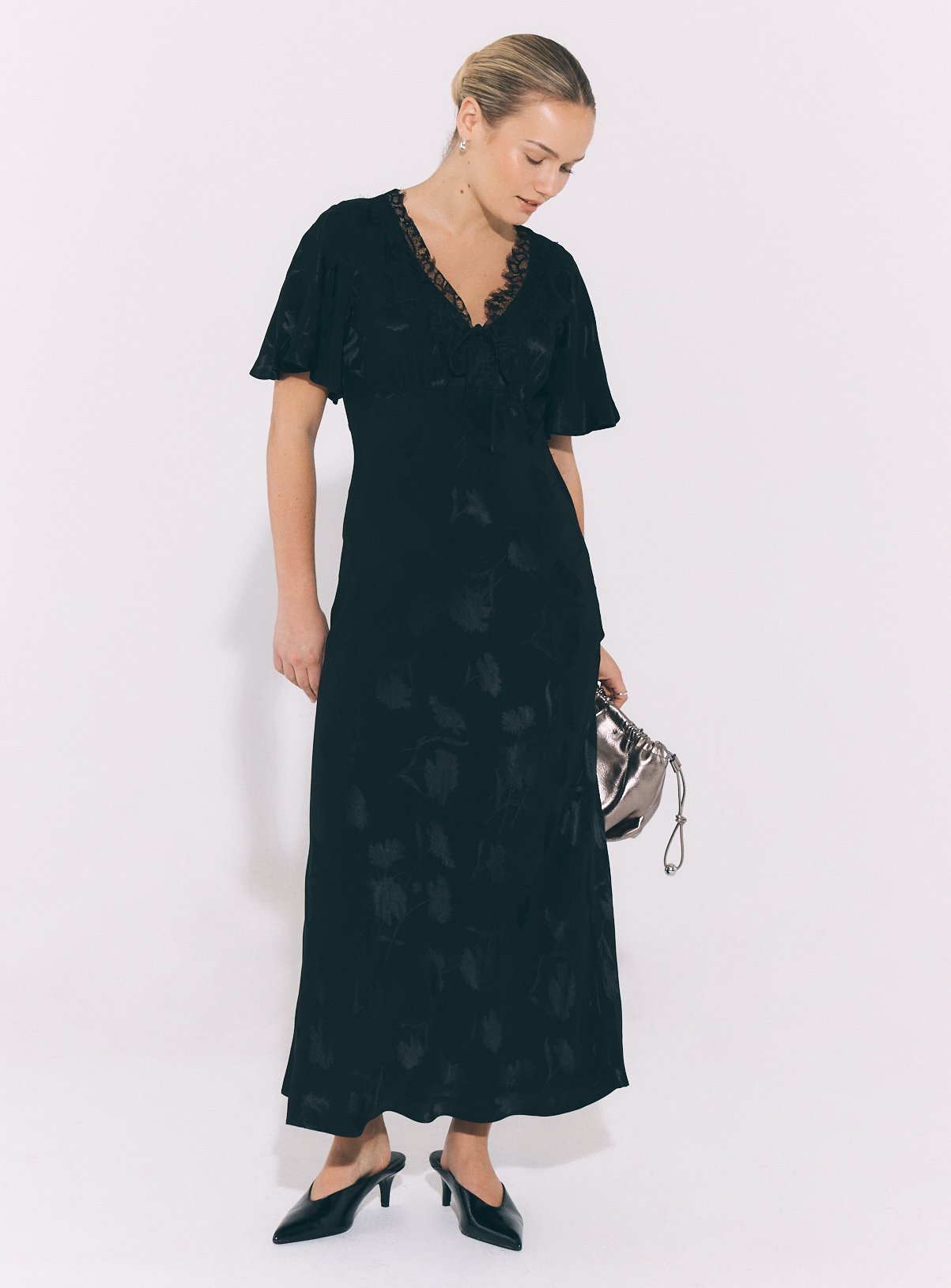 Fluted Sleeve Jacquard Tea Dress 