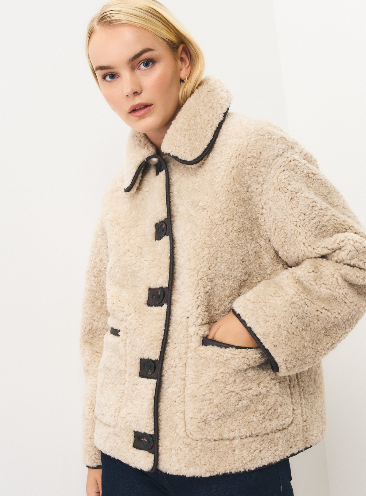 Cream Borg Fleece & Faux Leather Reversible Jacket 