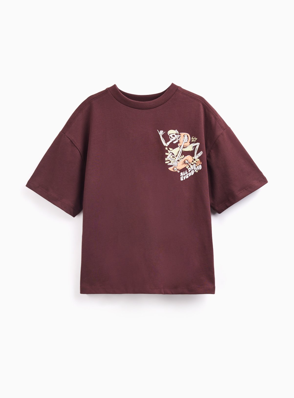 Burgundy Skating Skeleton Graphic Print T-Shirt 
