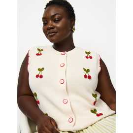 Cream Cherry Appliqué Knitted Sleeveless Cardigan
