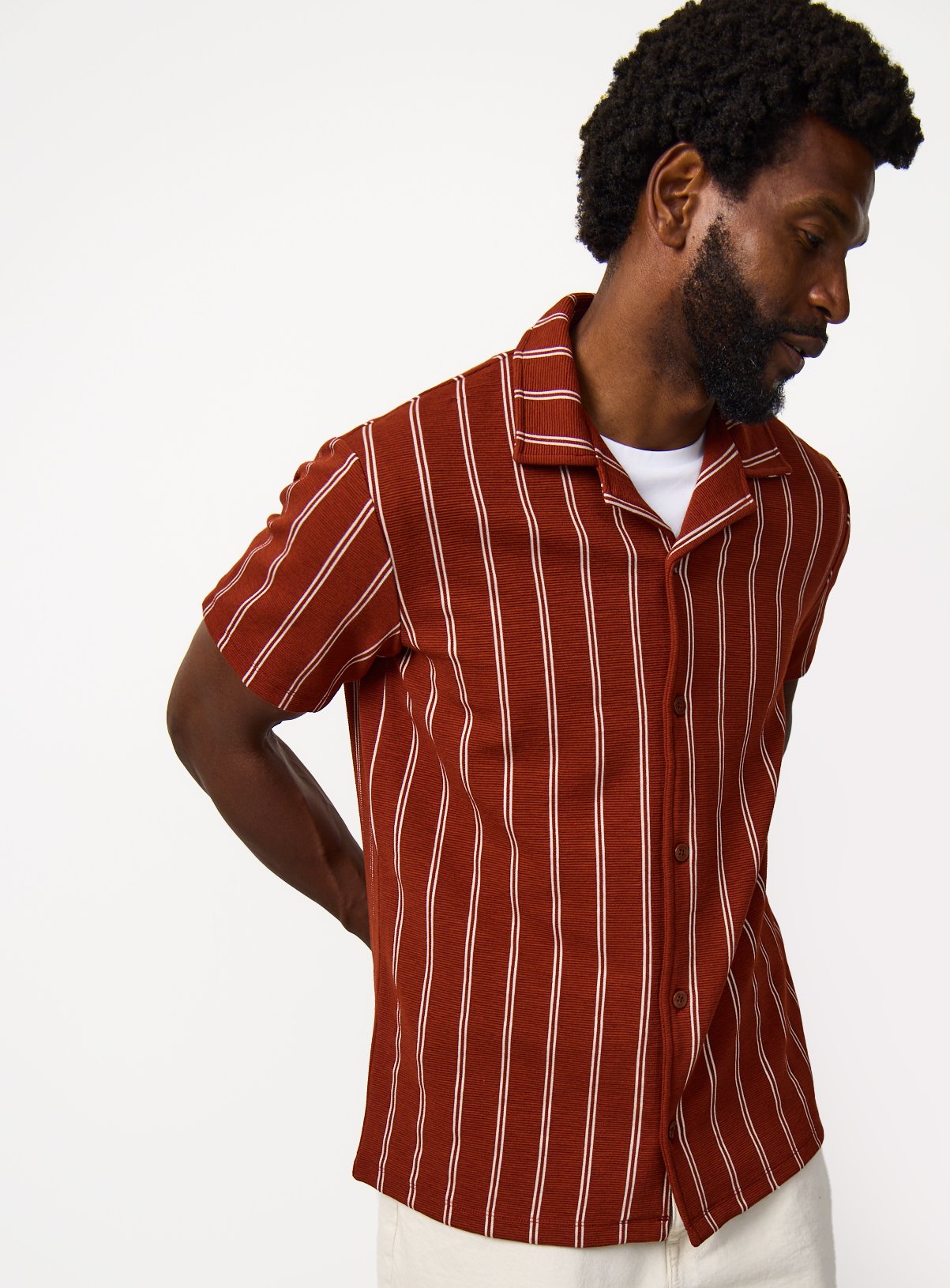 Red & Cream Vertical Stripe Button Through Shirt 