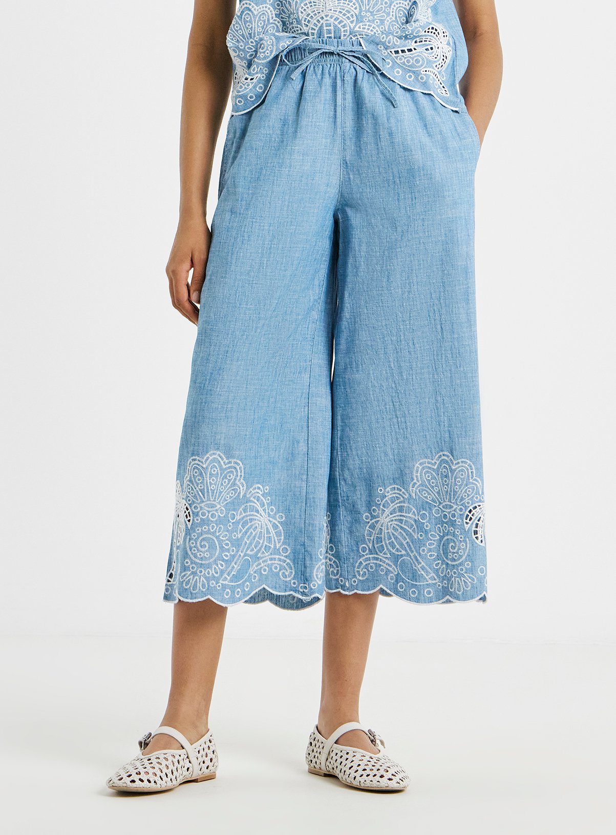 SIMPLY BE Light Wash Chambray Palm Broderie Crop Jeans 