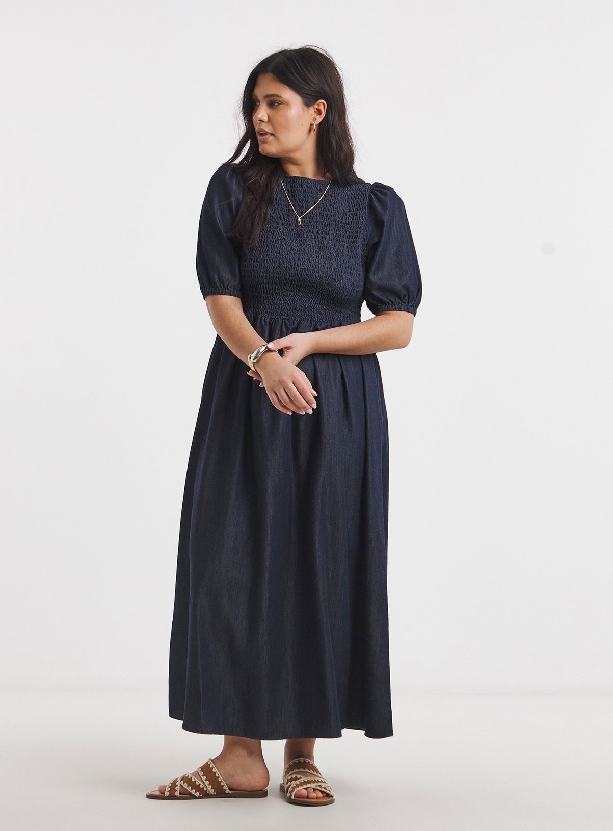 SIMPLY BE Indigo Denim Soleil Shirred Midaxi Dress 