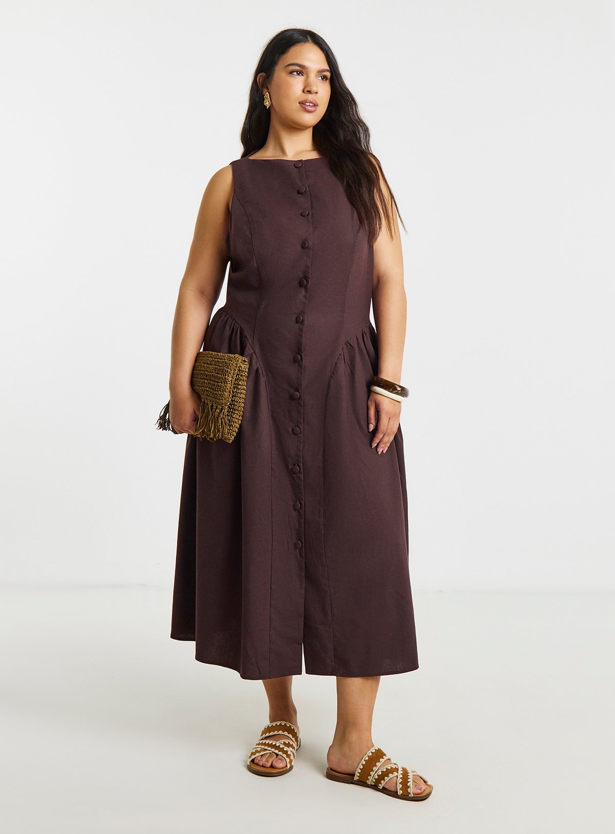 SIMPLY BE Linen Boat Neck Midi Dress
