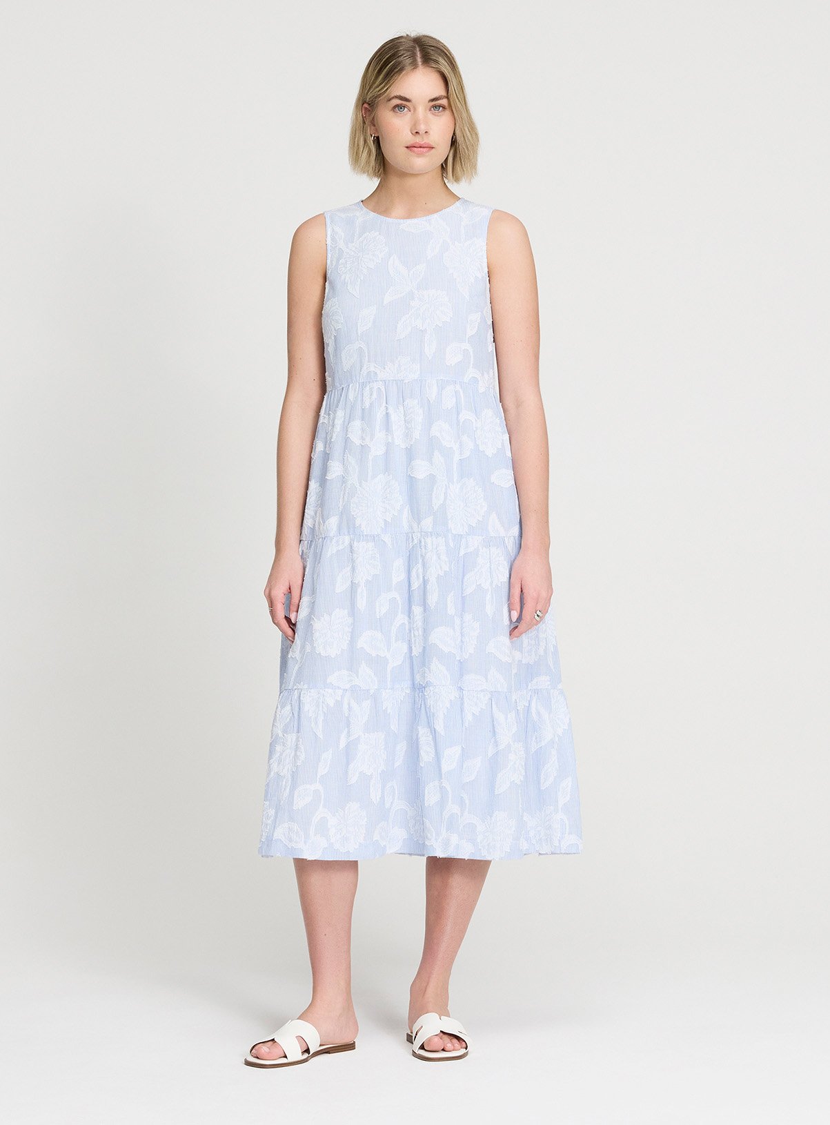 FINERY Hollie Blue Floral Stripe Tiered Dress 