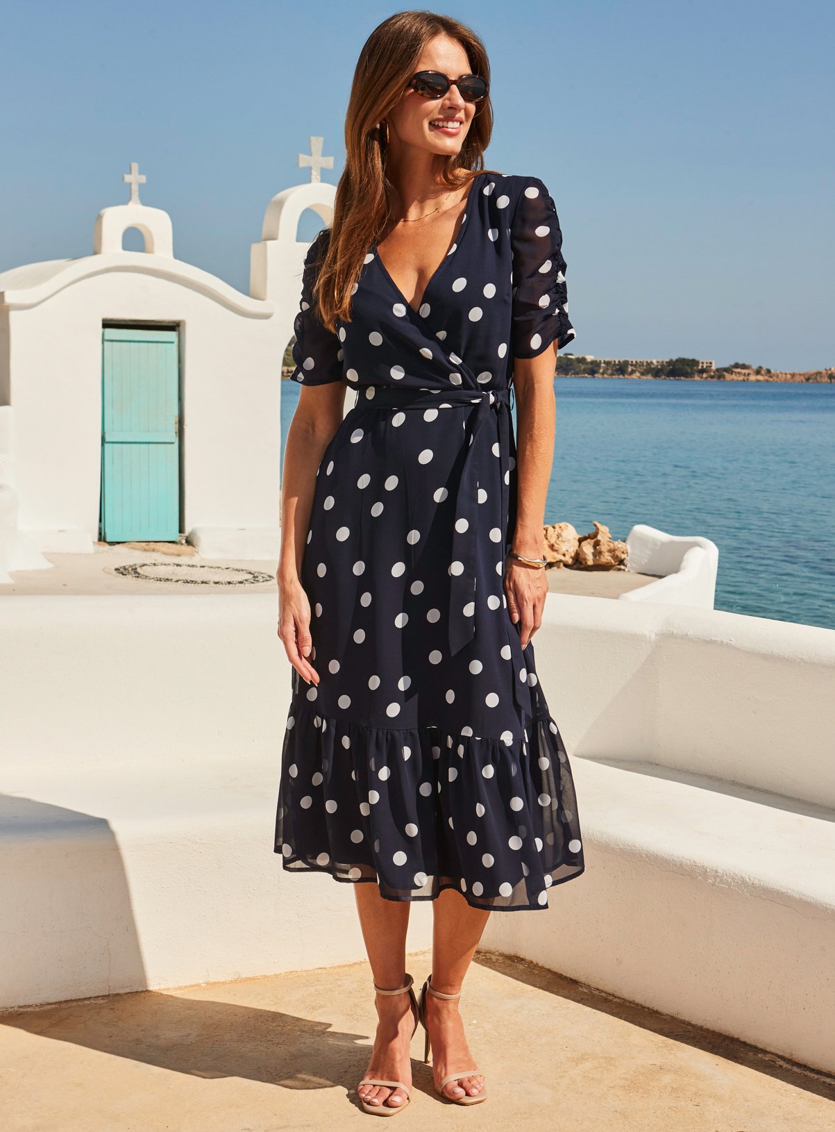 SOSANDAR Navy Blue and White Spot Print Faux Wrap Dress 8