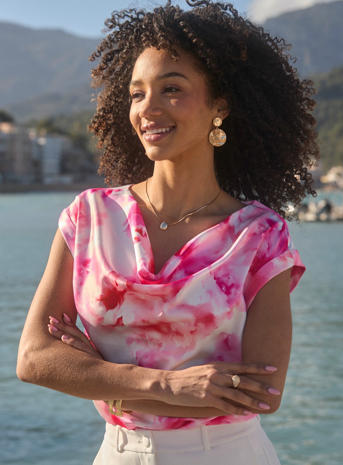 SOSANDAR Pink and White Floral Print Cowl Neck Top 