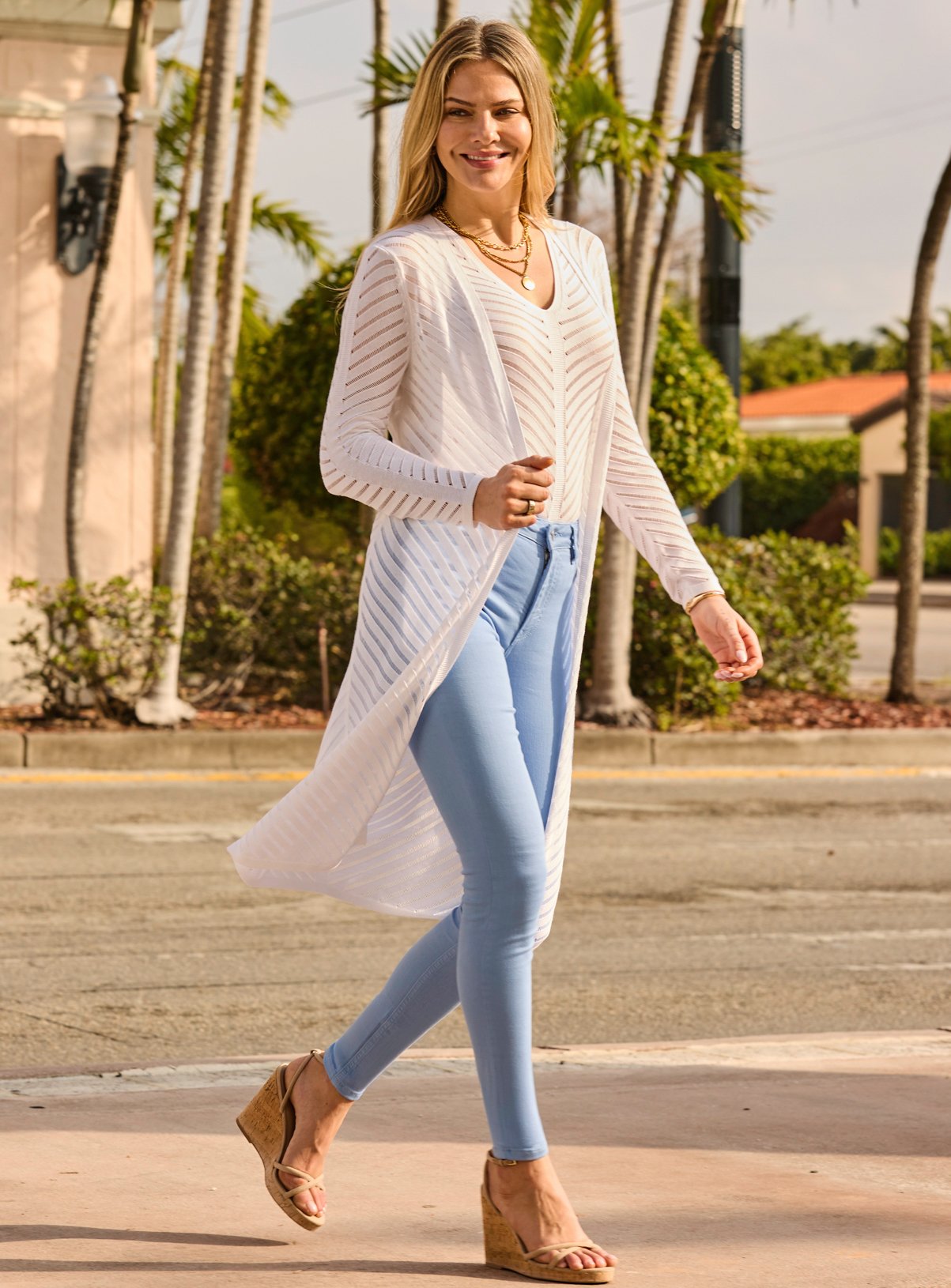 SOSANDAR Cream Ladder Stitch Longline Cardigan 