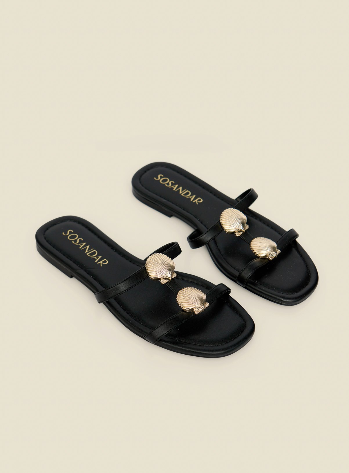 SOSANDAR Black Seashell Strap Detail Flat Sandals 