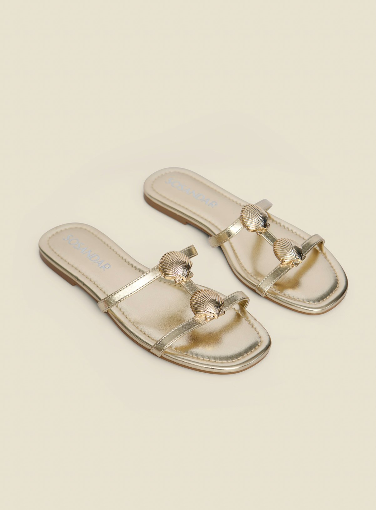 SOSANDAR Gold Metallic Seashell Strap Detail Flat Sandals 