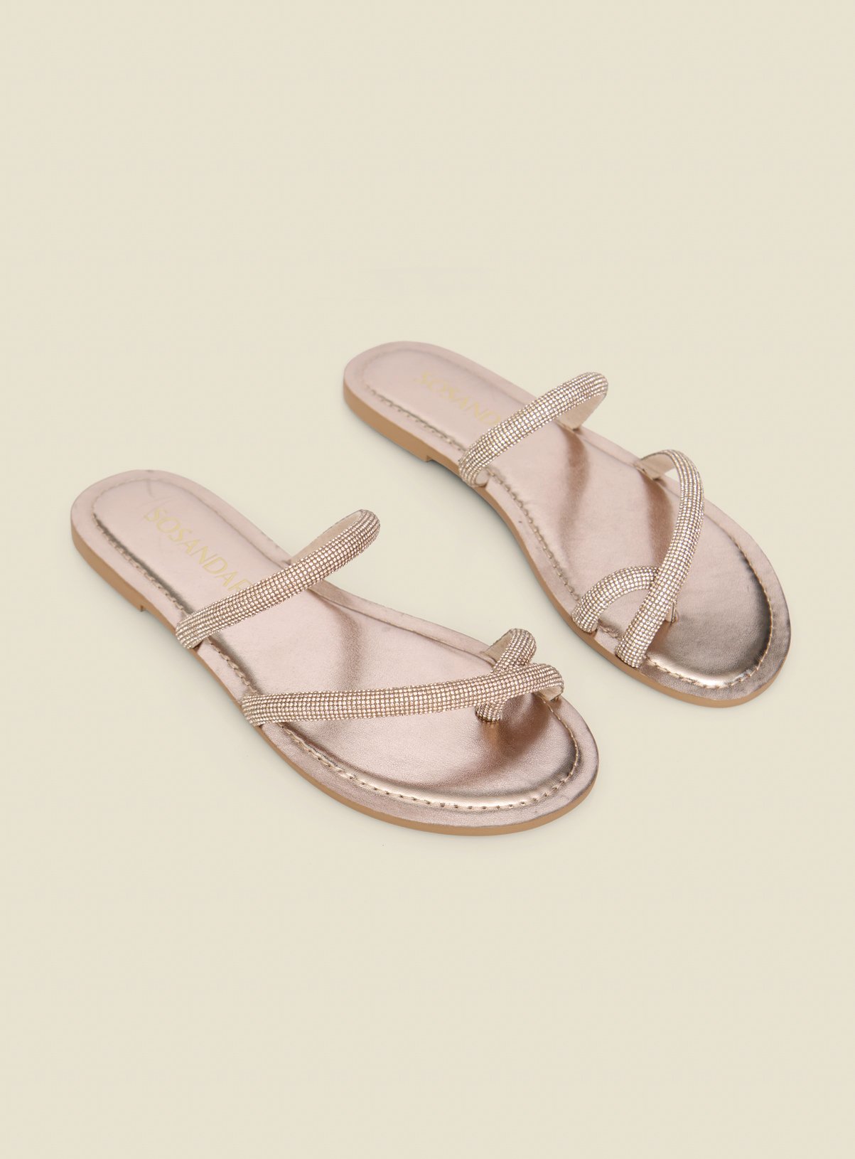 SOSANDAR Rose Gold Metallic Diamante Strap Flat Sandals 