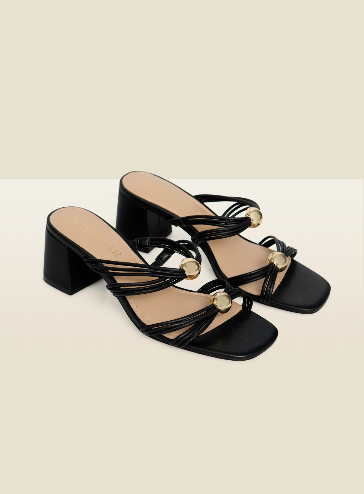 SOSANDAR Black Strappy Mule Sandals with Gold Detail 