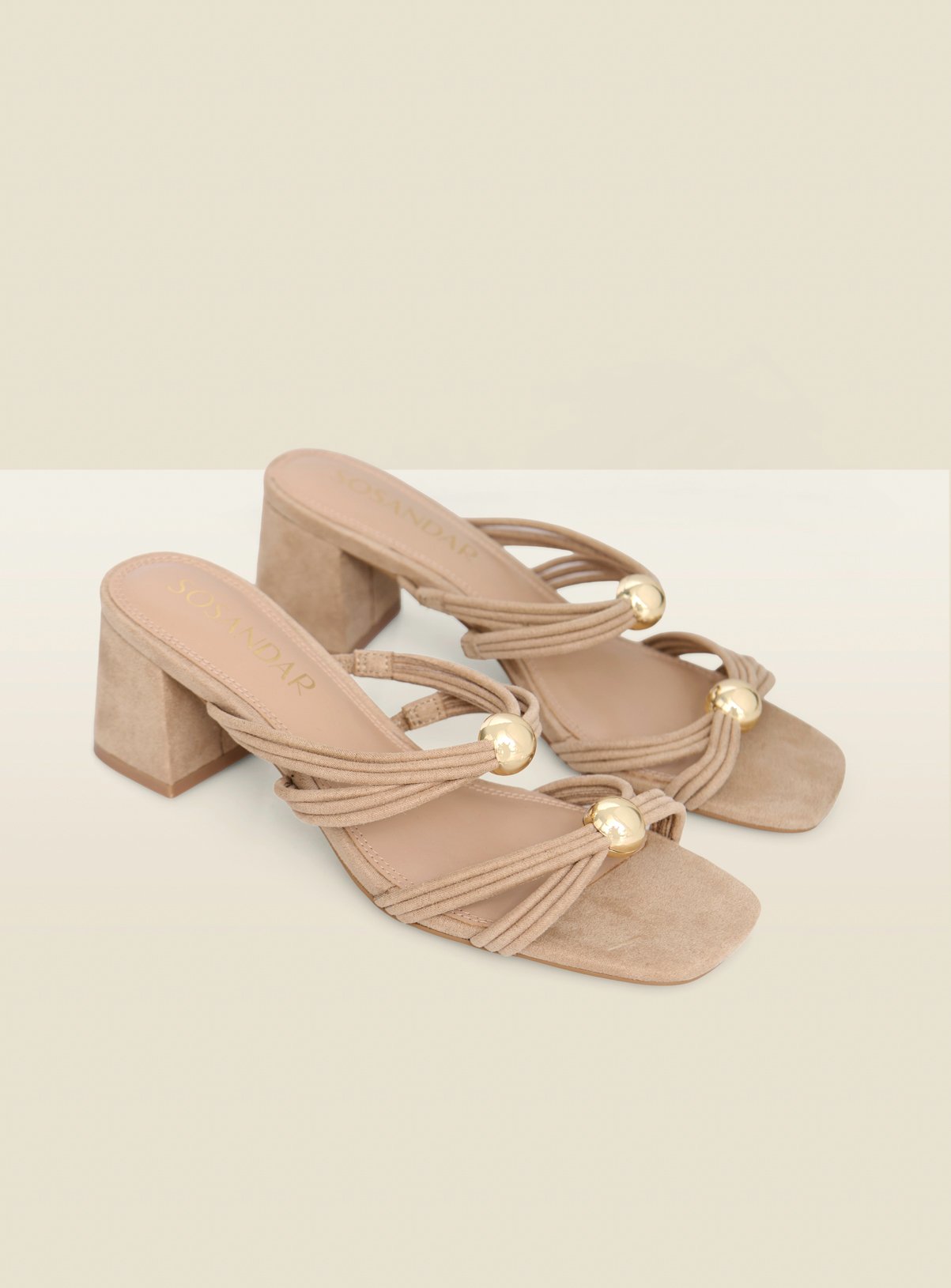 SOSANDAR Taupe Faux Suede Strappy Mule Sandals with Gold Detail 5