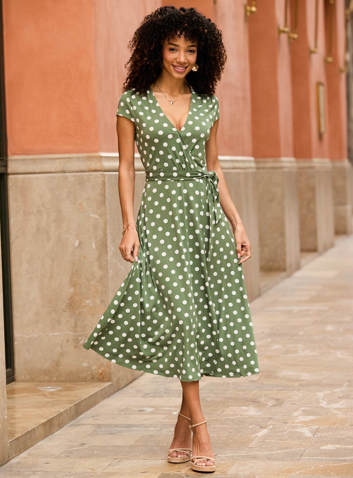 SOSANDAR Khaki Green Spot Print Faux Wrap Dress 