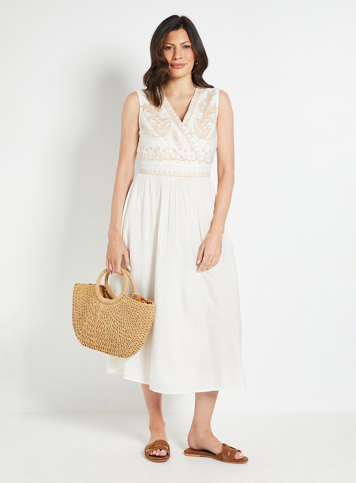 WALLIS Linen Mix Embroidered Button Midi Dress 