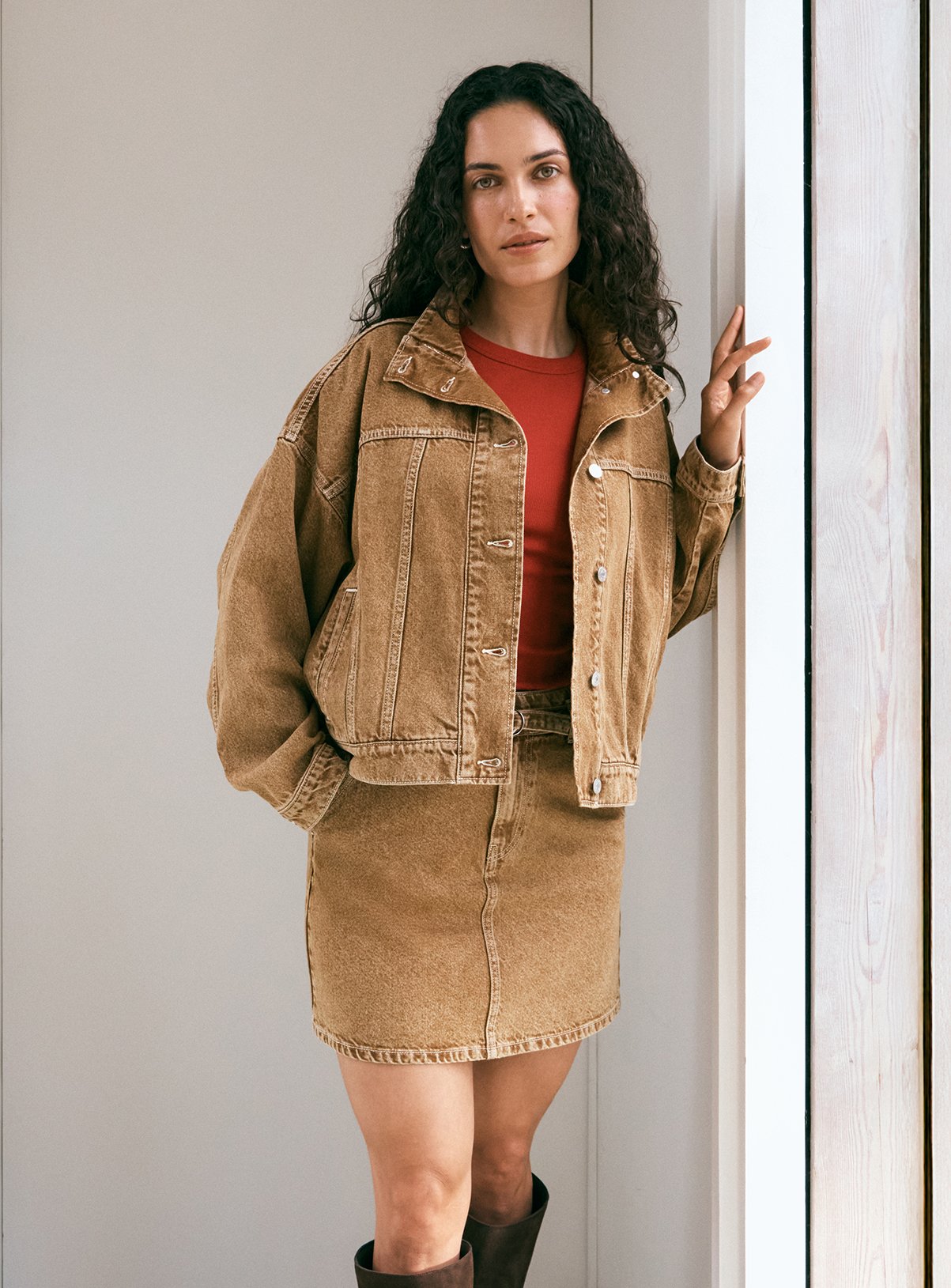 Tan Denim Funnel Co-ord Trucker Jacket 