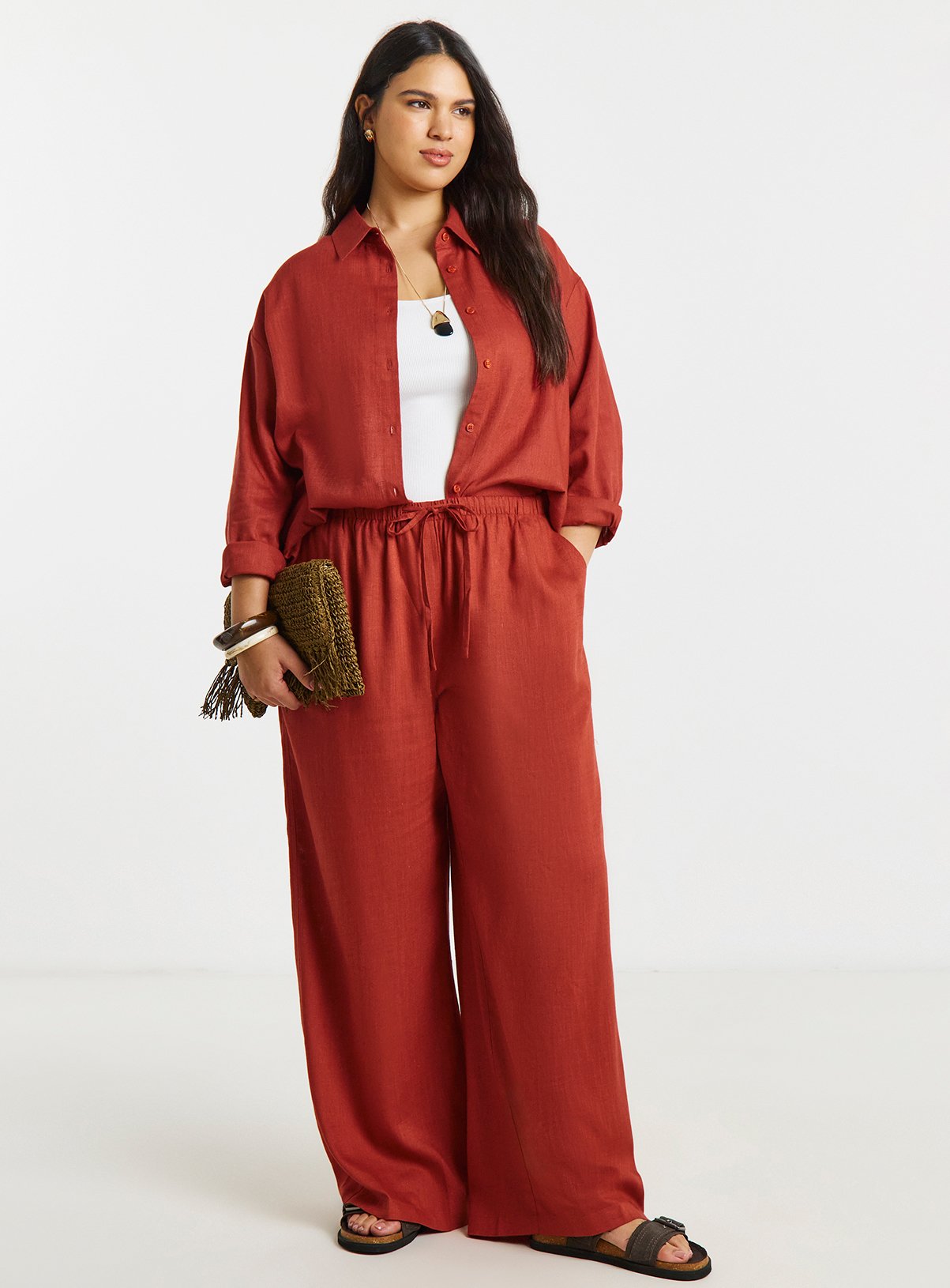 SIMPLY BE Rust Linen Tie Waist Wide Leg Trouser 