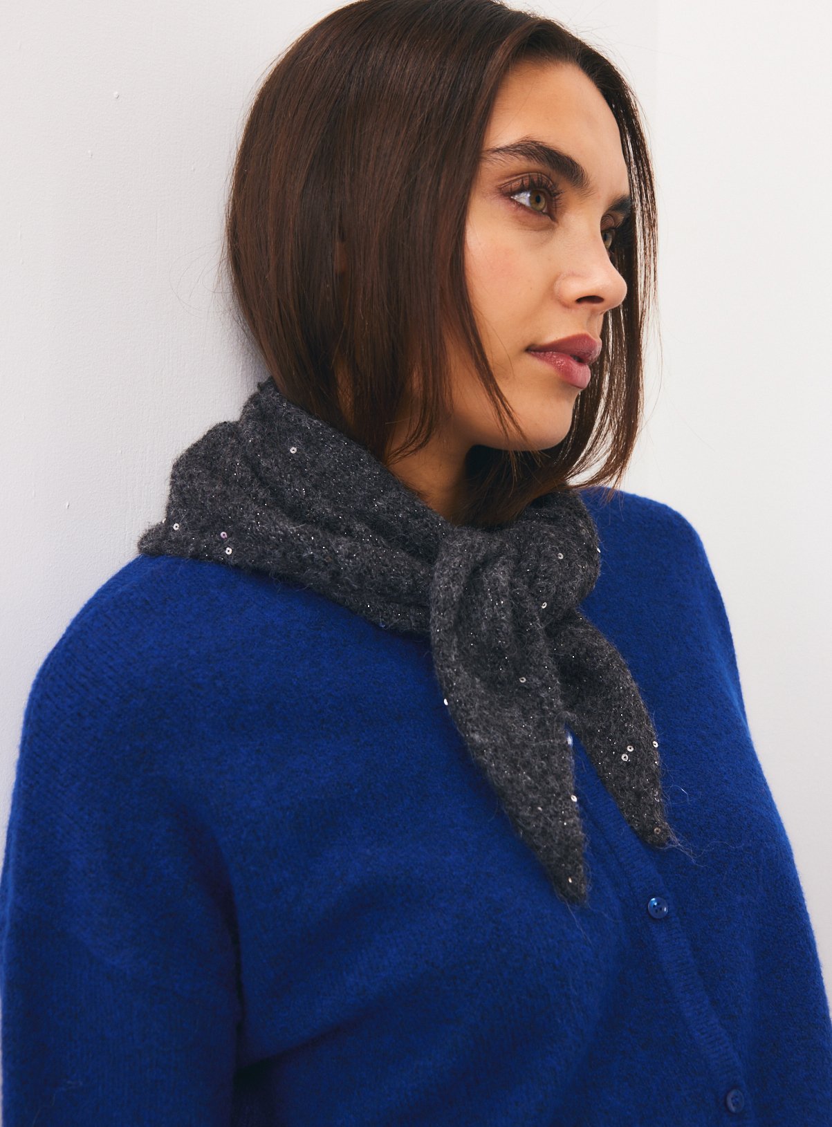 Granite Grey Sequin Triangle Knitted Scarf One Size