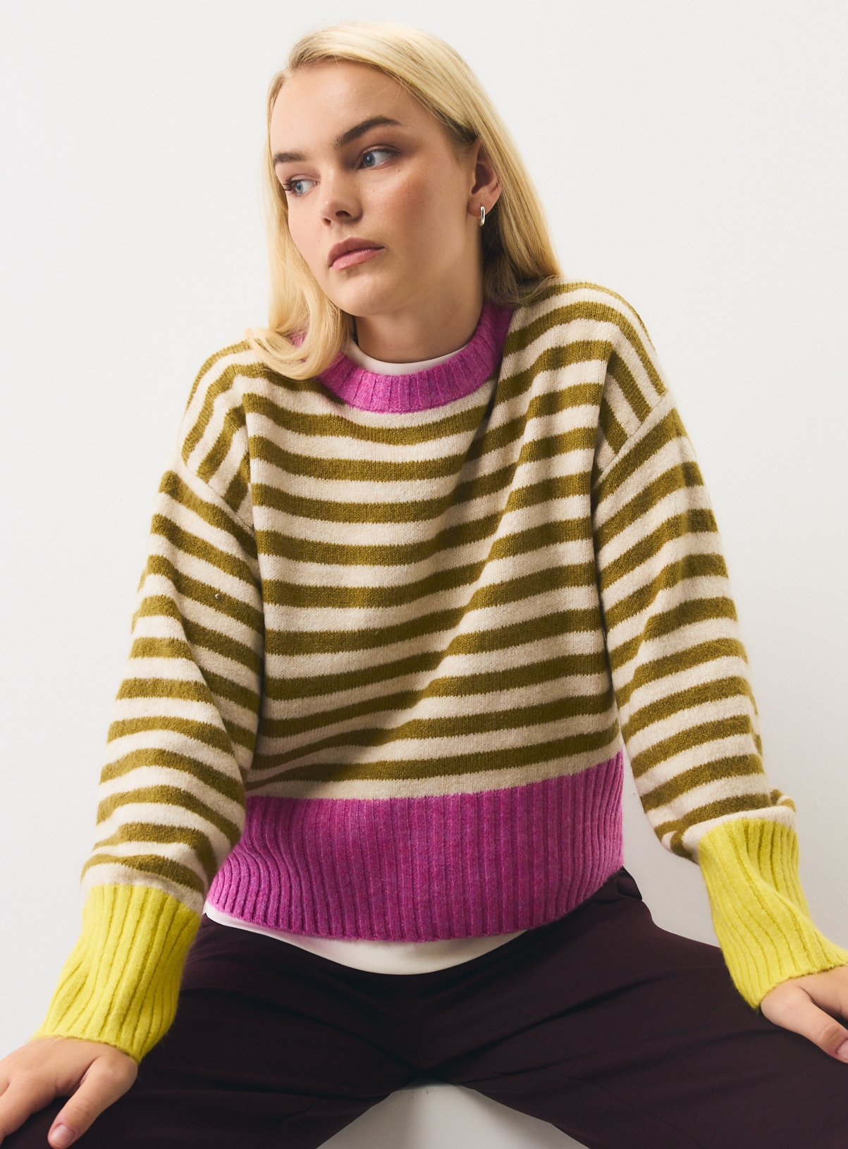 Green Stripe & Colour Block Boxy Crew Neck Jumper M