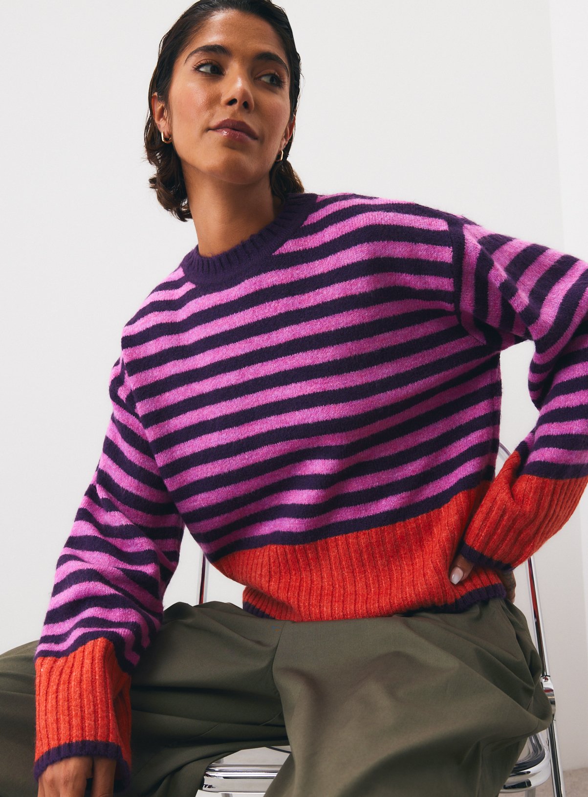 Stripe & Colour Block Boxy Crew Neck Jumper 