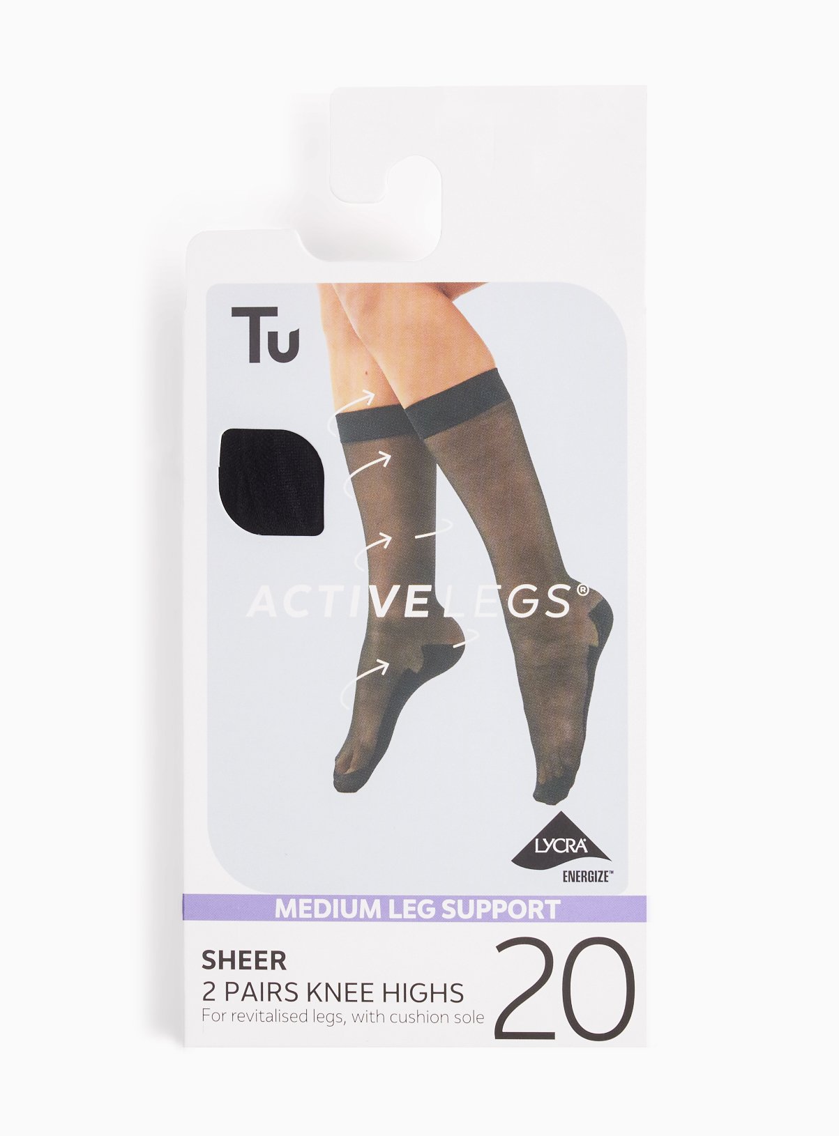 Black 20 Denier Medium Support Knee High 2 Pack One Size