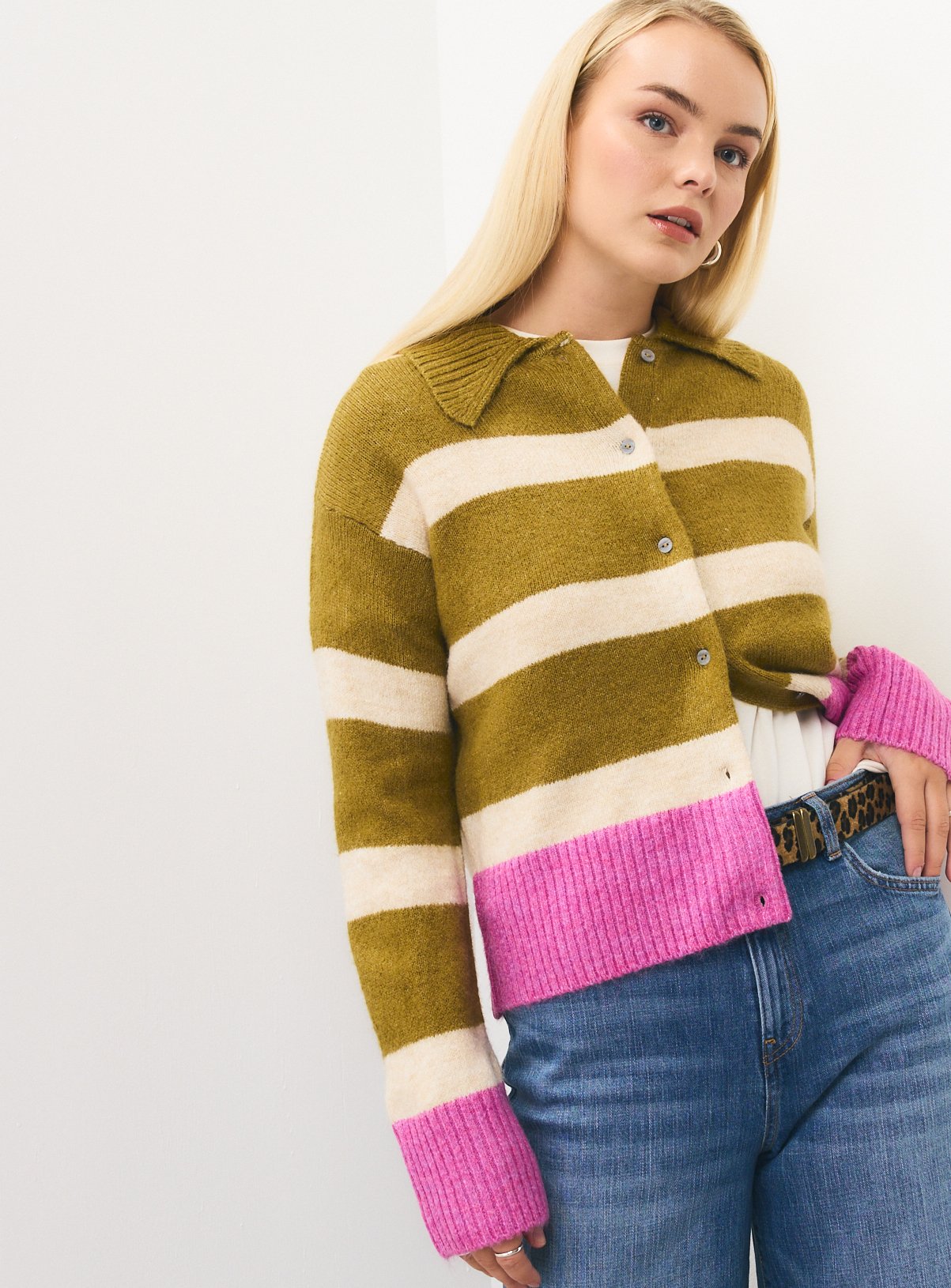 Block Stripe Collared Cardigan 