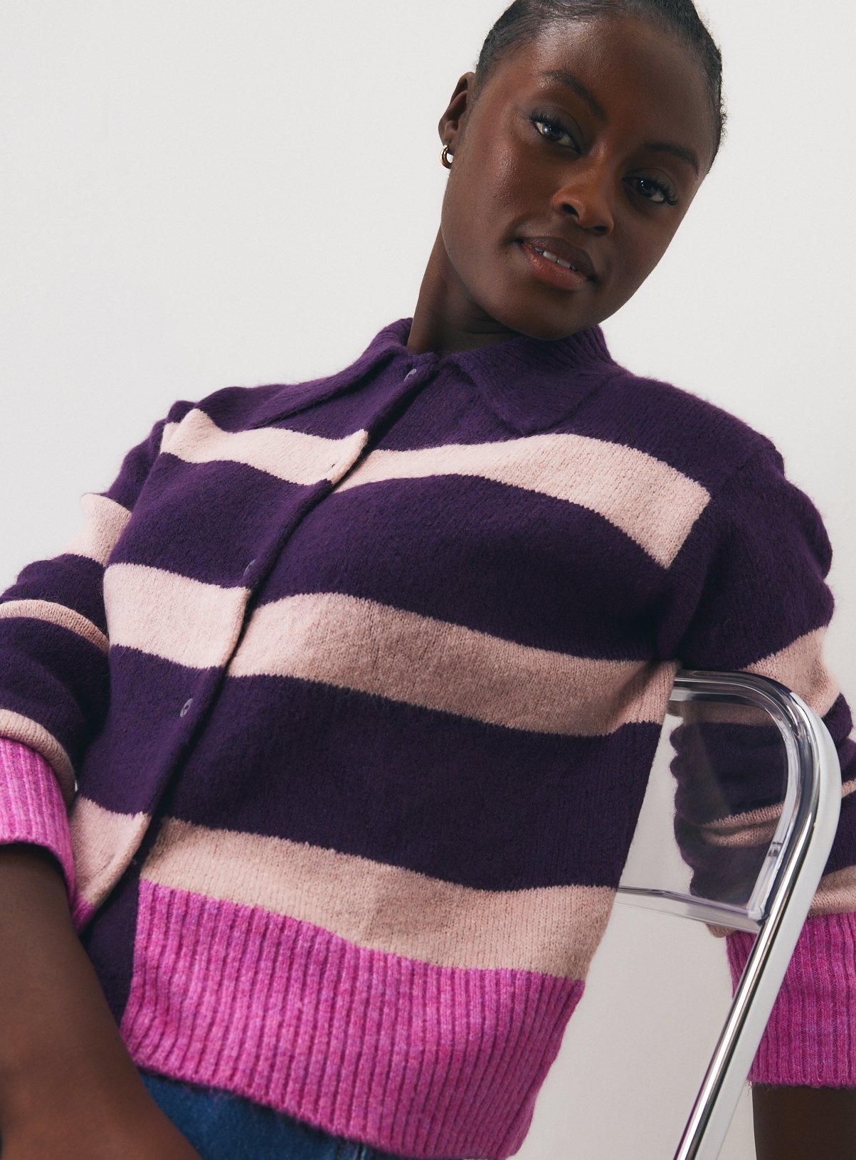 Block Stripe Collared Cardigan 
