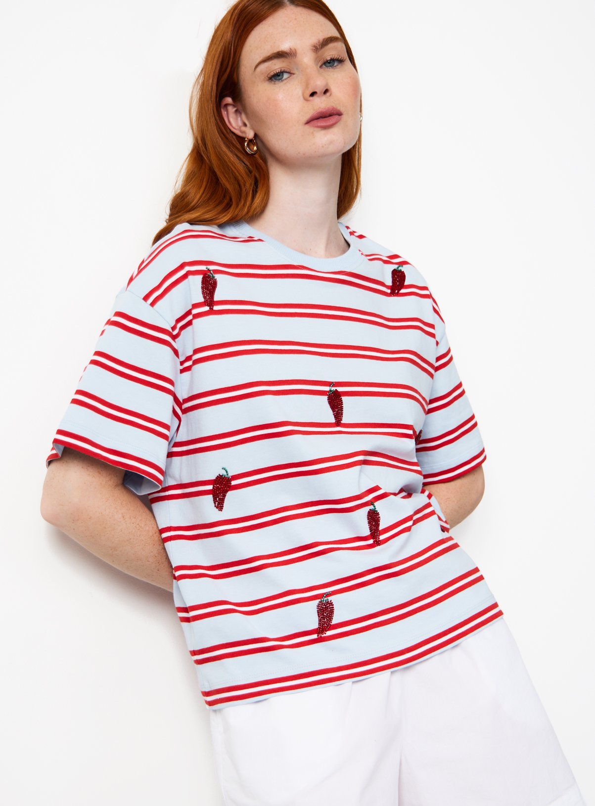 Blue & Red Stripe Chilli Embellished Boxy Fit T-Shirt 