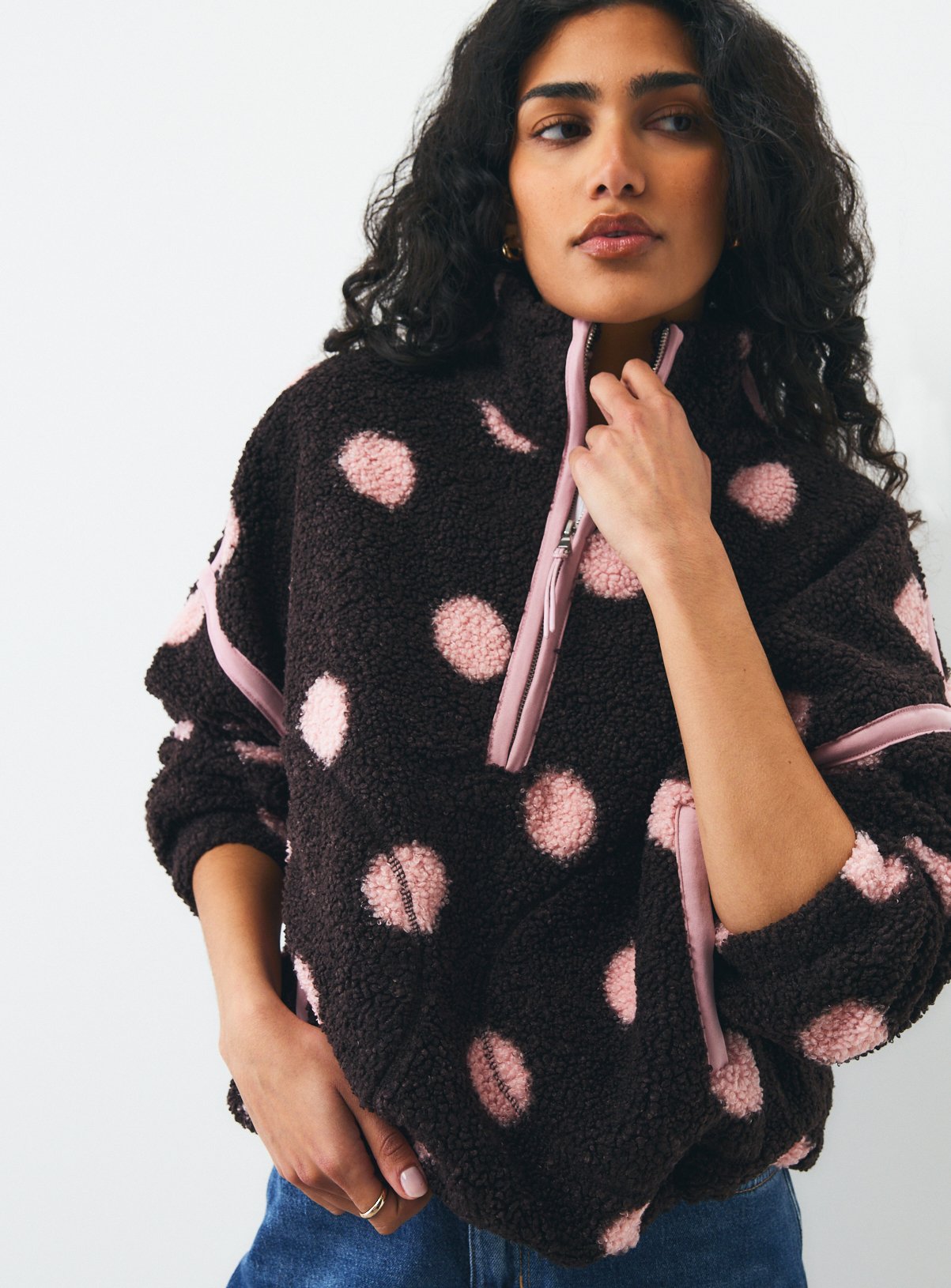 Brown Polka Dot Printed Borg Fleece Jacket 