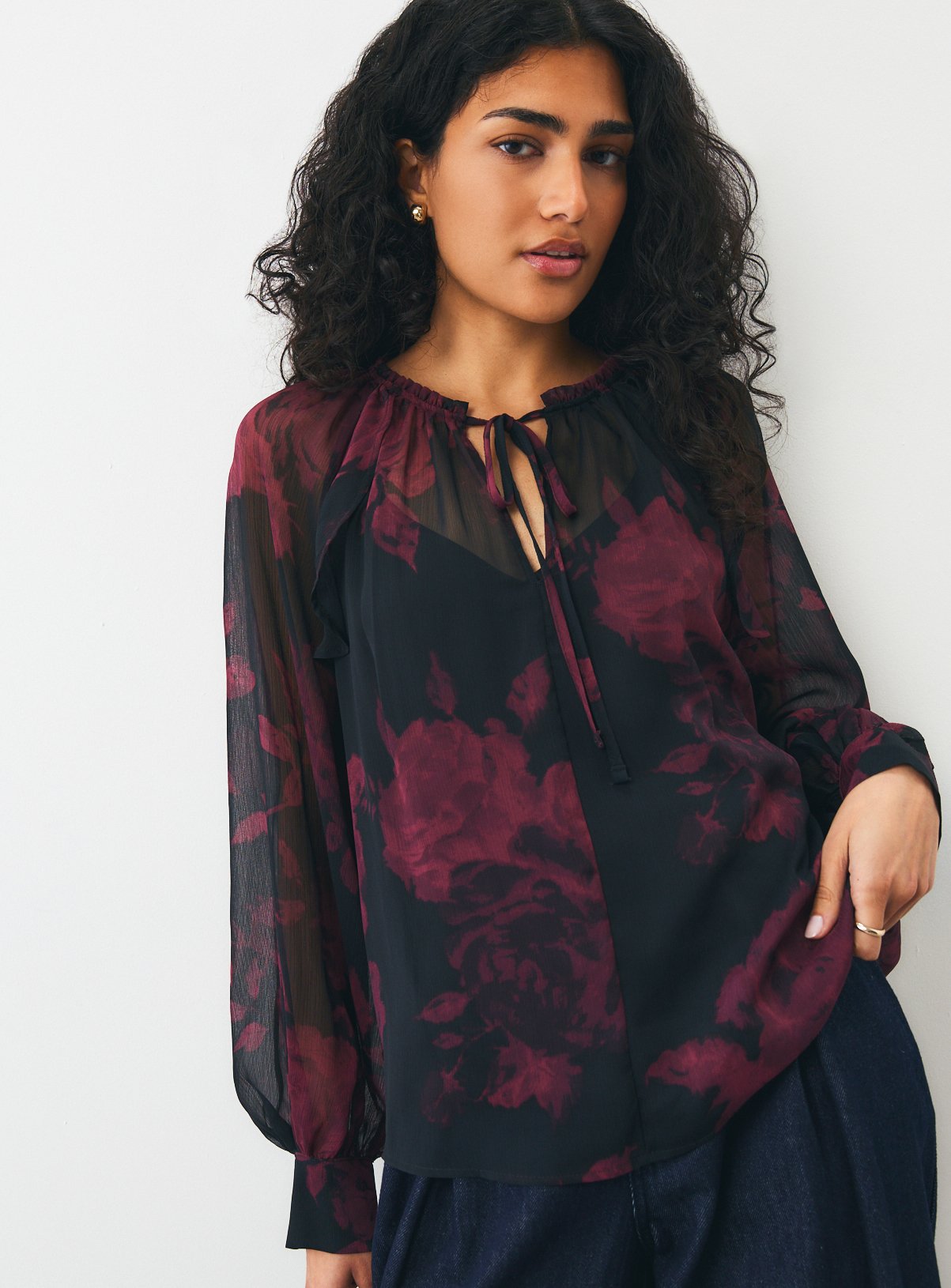 Burgundy Blurred Floral Frill Blouse 