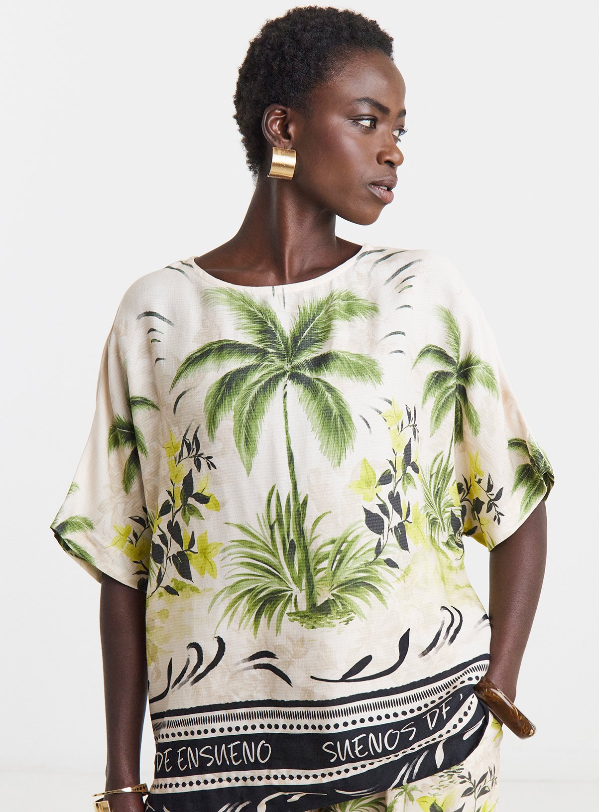 JD WILLIAMS Palm Print Linen Mix Boxy Top 