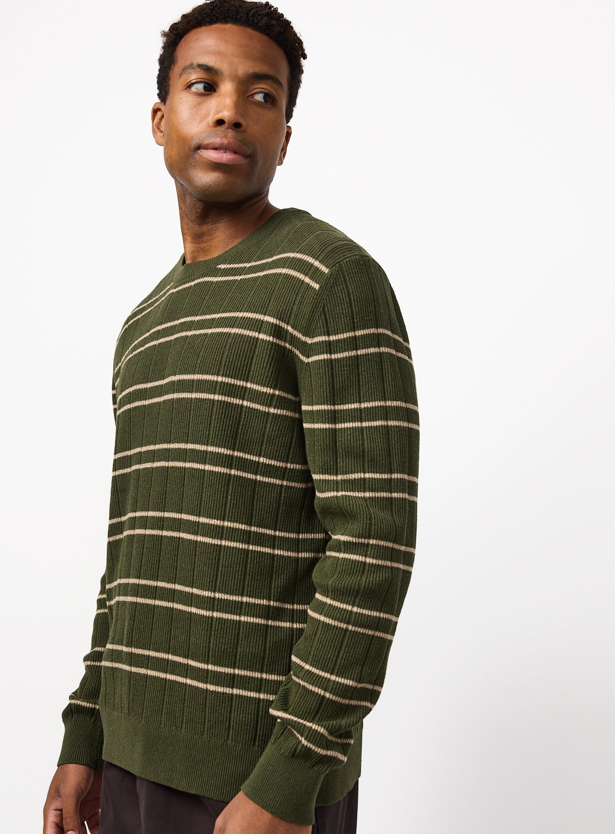 Khaki Double Stripe Crew Neck Jumper 