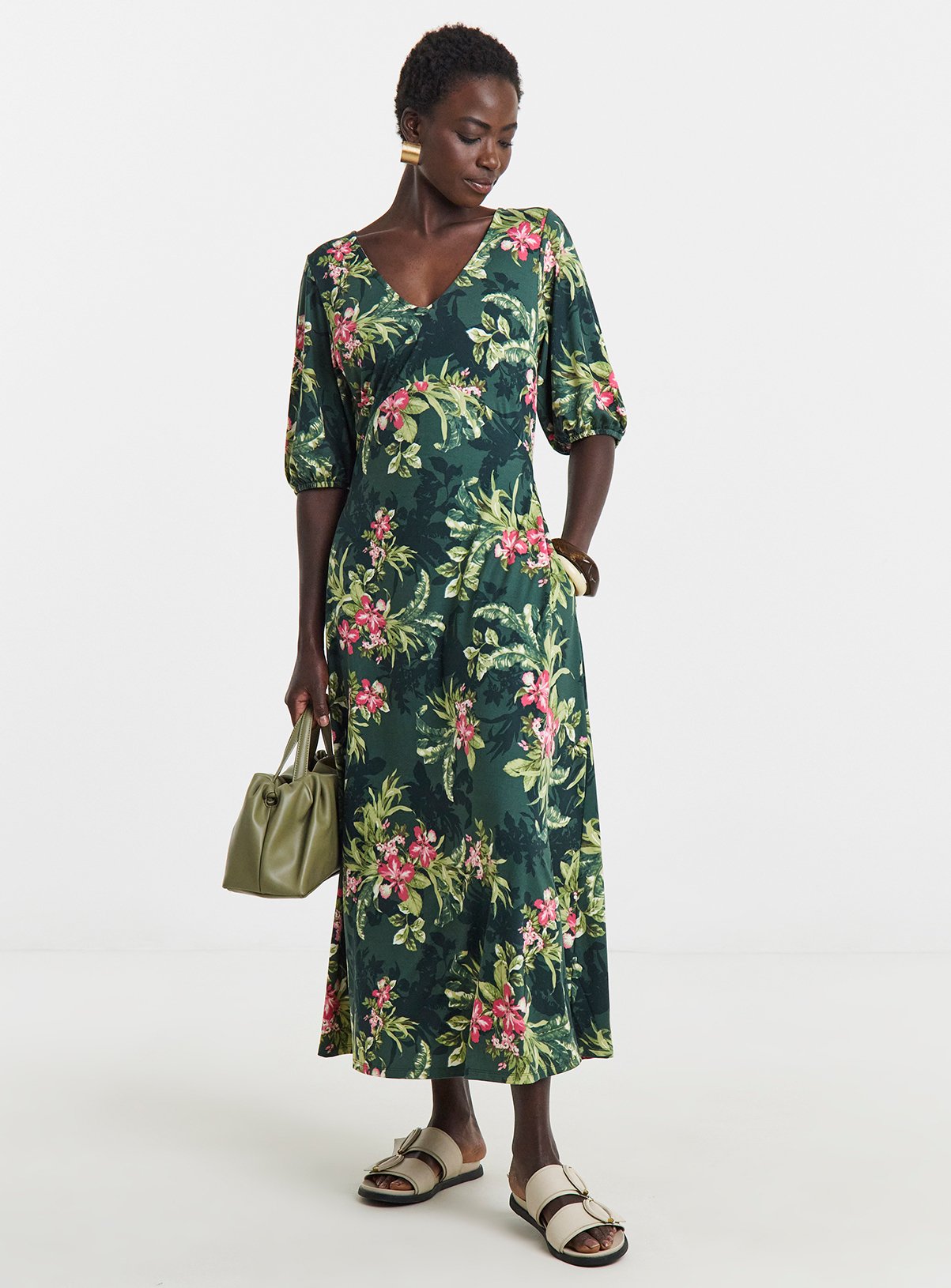 JD WILLIAMS Puff Sleeve Soft Touch Jersey Dress Green 