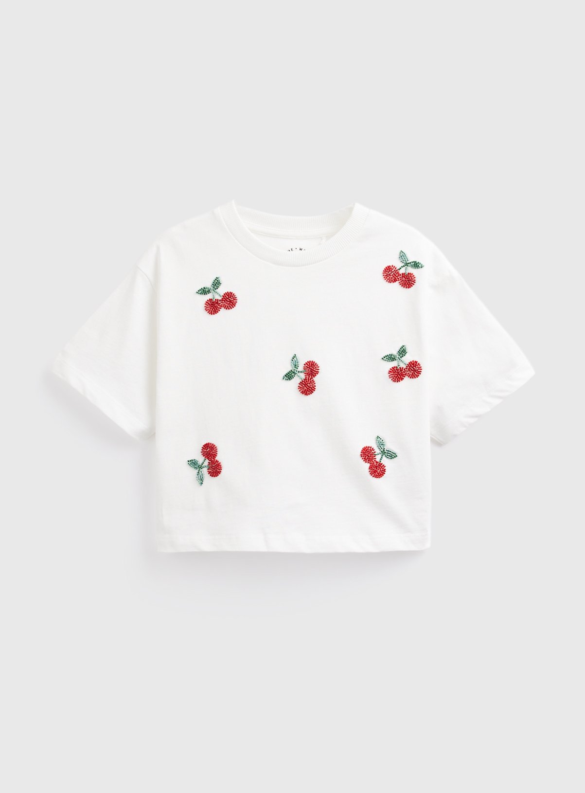 Cream Cherry Beaded Boxy T-Shirt 6 years
