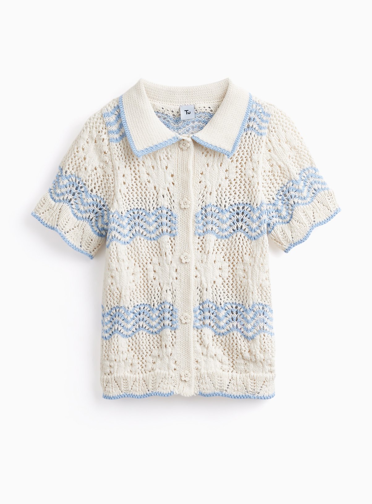 Cream Stripe Print Crochet Knitted Polo Shirt 10 years