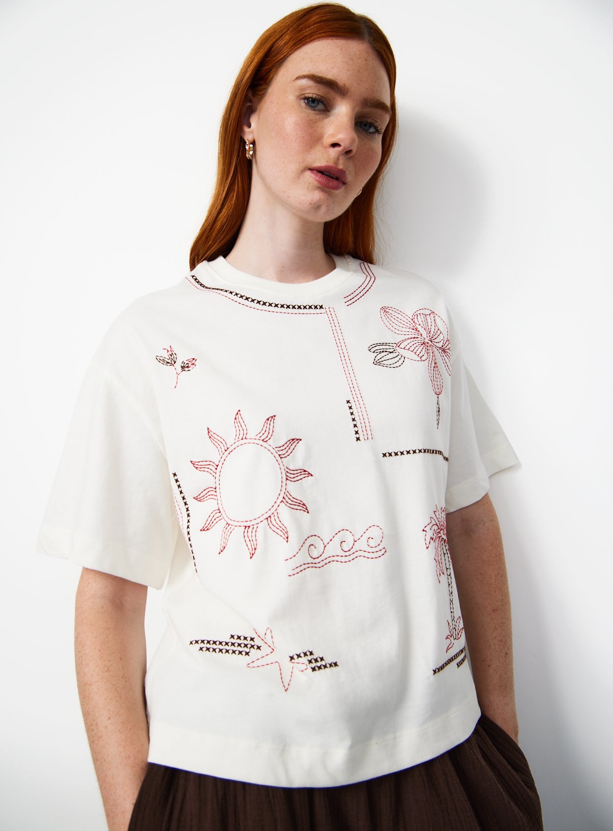 Cream Holiday Stitch Print Boxy Fit T-Shirt 