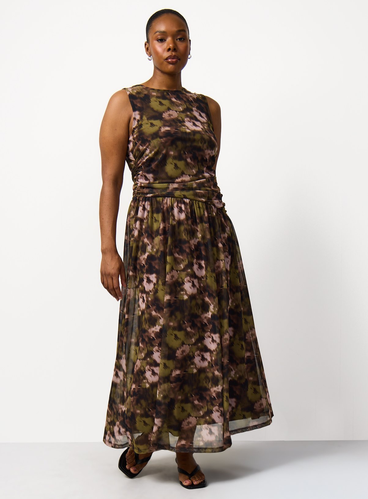 Green Floral Print Mesh Sleeveless Dress 